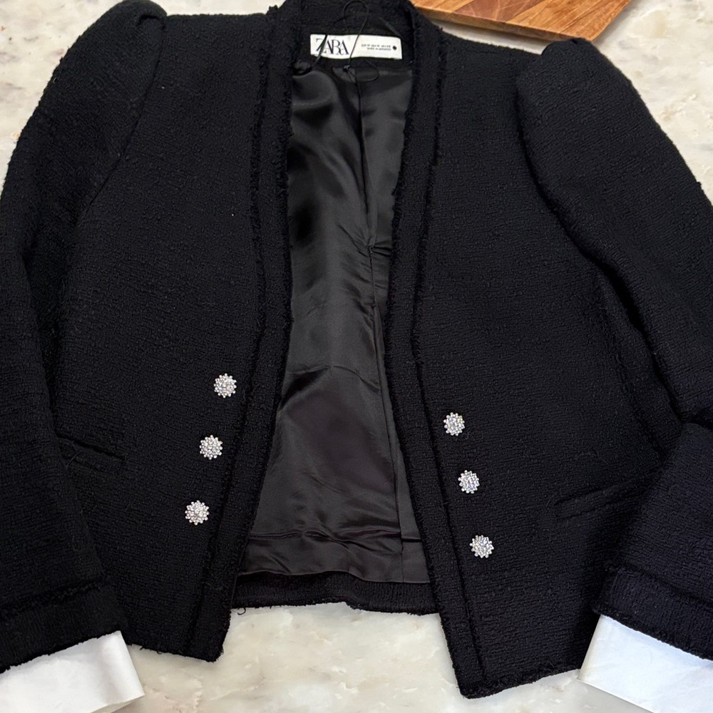 Zara Black Tweed Blazer with Embellished Buttons